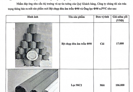 Thông báo sản phẩm Bịt chụp đèn âm trầm, ống lọc  u.PVC